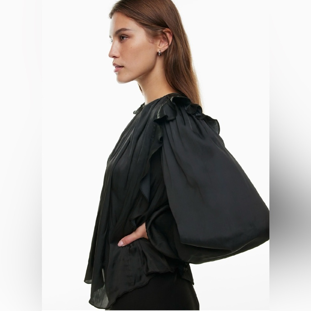 Wilfred Ruffle Blouse Women‎ Small Black Satin Long Sleeve Gathered Top - Picture 2 of 15